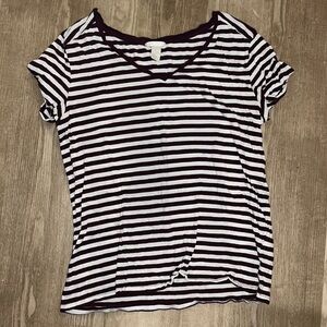 H&M V-Neck T-Shirt Short Sleeve Striped Basic Tee Brown White Size M Casual